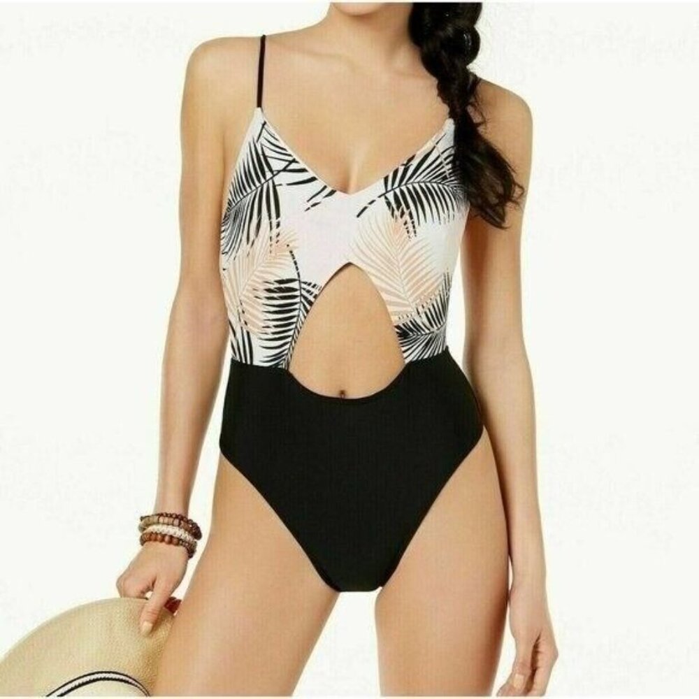 MINKPINK Isla Cut Out One Piece Swimsuit L Palm Tropical Black Cheeky High Leg